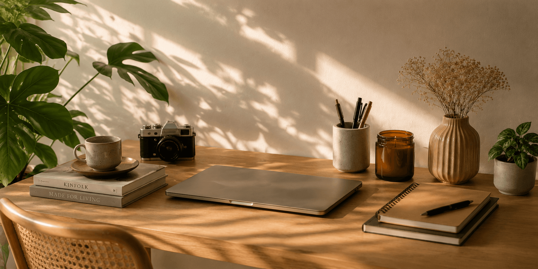 A sunlit desk with a closed laptop, a film camera, a stack of books and a candle.
