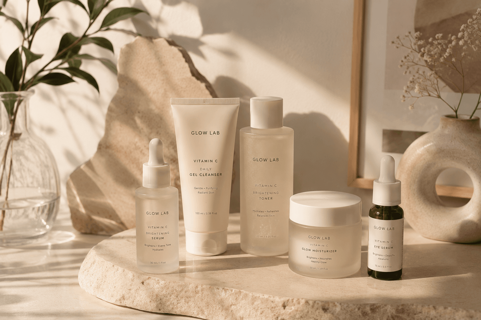 Five Glow Lab vitamin C skincare products arranged on a stone tray in soft daylight.