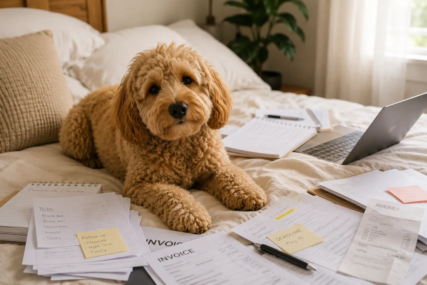 A dog lying on a bed covered with scattered invoices, notepads and sticky notes beside an open laptop.