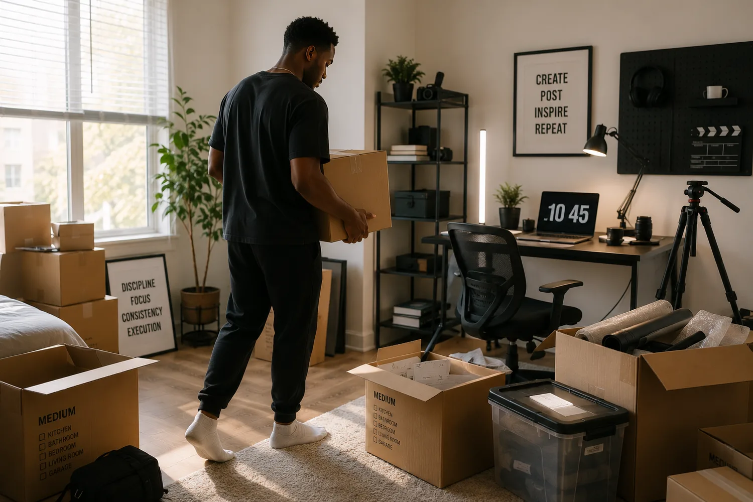 A creator carrying a cardboard box through a home studio crowded with unpacked boxes, a ring light and a camera tripod.